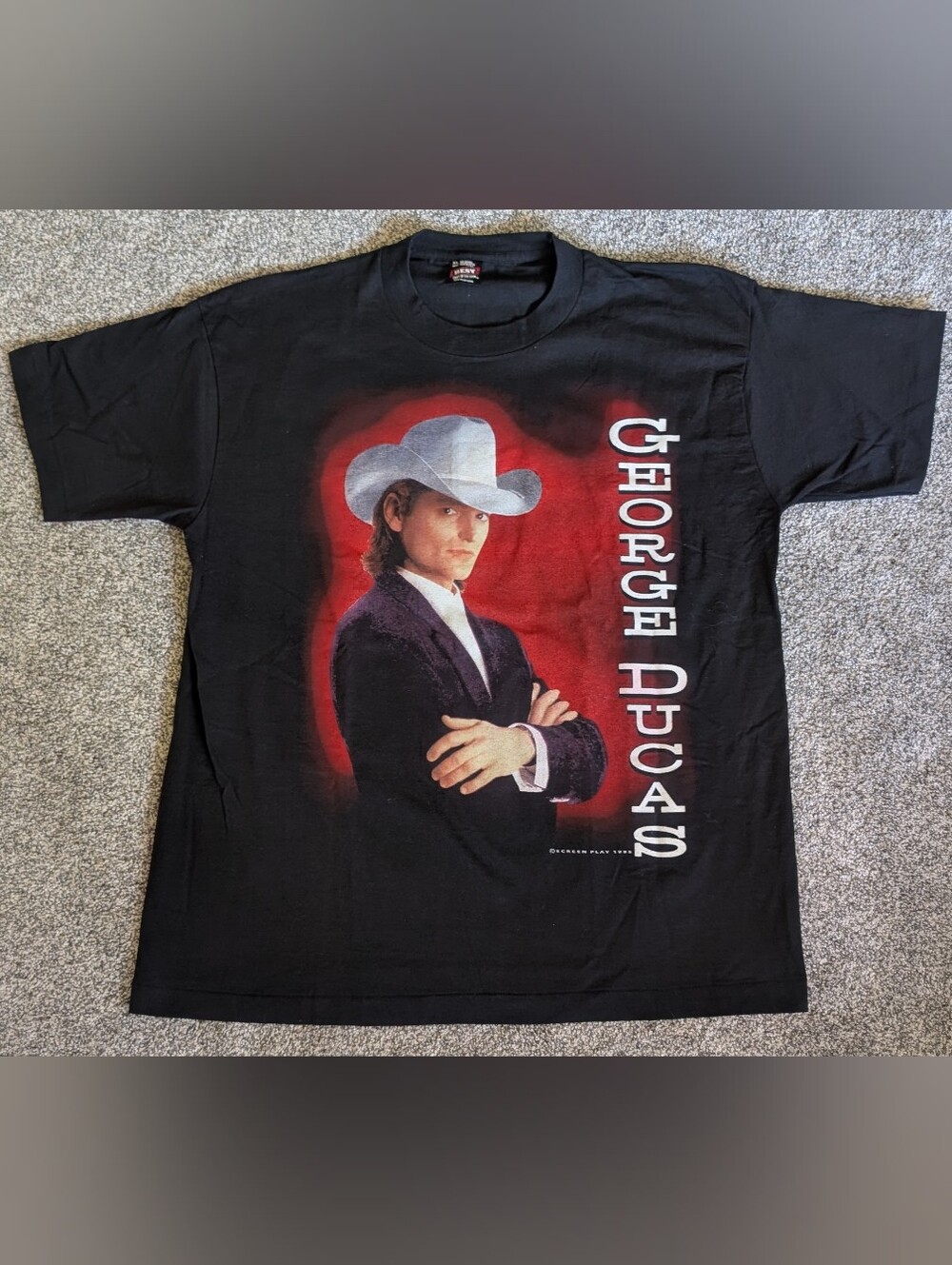 Vintage 90s George Ducas Black & Red T-Shirt Size XL Single Stitch Country Music